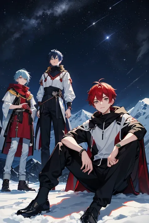 Five men look at the night sky on the mountaintop. The first one has blue hair and sits with his legs dangling. The second one has red hair and sits looking and smiling. The third one has black hair and a red bracelet and stands with his arms crossed looki...