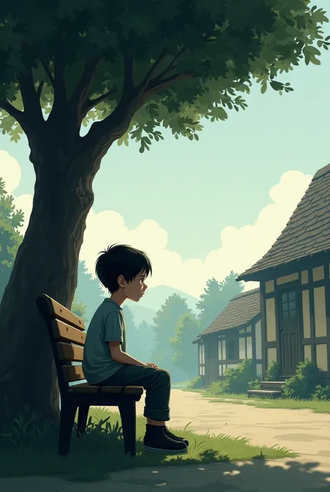 The same village, but the little friend is sitting on a bench under a tree, looking upset and alone. There is an empty space beside him, symbolizing Rahul’s absence. The sky is slightly cloudy, showing a somber mood.