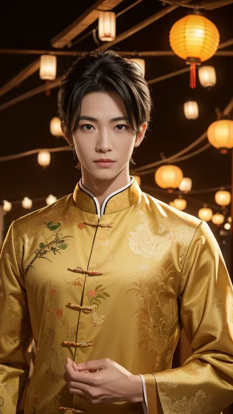 Japanese,23-28, Handsome and elegant,  fair skin, black eyes（thin eyes 1：3), (Super detailed, best quality, 4K, 8k, High resolution, masterpiece:1.3) he is wearing chinese outfit. He is now in Mid-Autumn Festival. Many lanterns