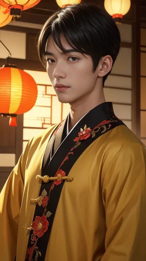 Japanese,23-28, Handsome and elegant,  fair skin, black eyes（thin eyes 1：3), (Super detailed, best quality, 4K, 8k, High resolution, masterpiece:1.3) he is wearing chinese outfit. He is now in Mid-Autumn Festival. Many lanterns