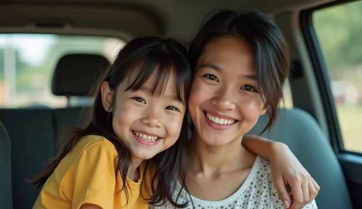 Photo of a Thai girl, , sitting in a car seat in a van with her mother, smiling happily.