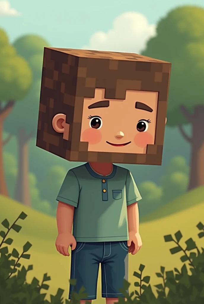 Kid with a rectangle head that looks like a Minecraft dirt block 