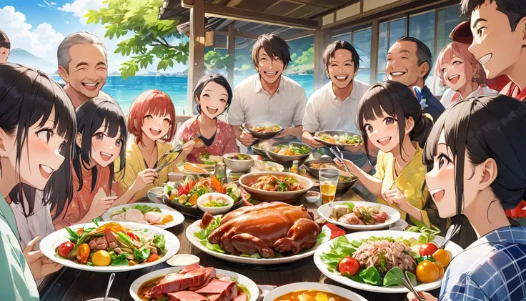 Again, the group gathers around for a meal, celebrating and enjoying the feast. A close-up highlights the main dishes of meat and vegetables, as everyone smiles and laughs, soaking in the unique summer atmosphere of Okinawa alongside its delicious local fo...