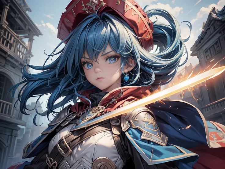 high quality:1.2, Very detailed, up to date, A lonely look, Ultra-high resolution, High Contrast, masterpiece:1.2, 最high quality, Best aesthetics), cute,Blue hair and blue armor、Red feathered hat、Red cloak、Young girl holding a sword aloft, Blue piercing ga...