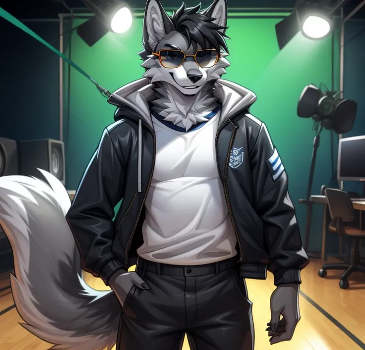 Best quality, Super detailed illustration, cartoon illustration, a furry male wolf, male, detailed face and body, sharp slick black colored short hair, gray and white fur, two-tone dark gray fur, gray and white two-toned colored wolf tail, blue and white s...