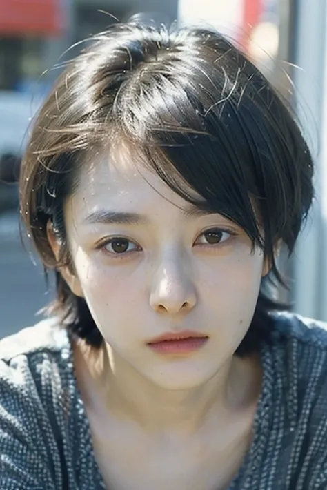 One girl, alone, androgynous, short hair、boyish、Droopy eyes、ennui、Fair skin、Sleepy face、Beauty、middle age, Japanese lady, 