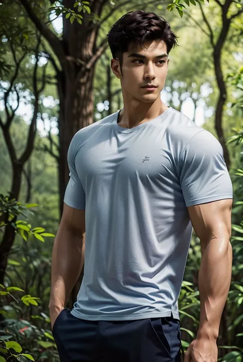 UHD, In a mystical forest where the trees glow with bioluminescent light, a tall, lean, muscular man with an otherworldly presence stands among the shimmering foliage. His bare chest glistens under the soft, magical glow, his strong arms glowing faintly as...