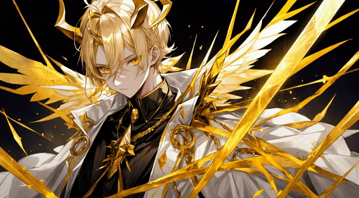 Male angel with blond short hair, two golden Crystal horns on the forehead, yellow eyes, torn black clothes, divine crown, male character ((JUST A CHARACTER), teenage traits, Hero of light