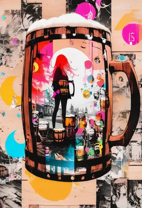 (masterpiece, best quality),(double exposure moon: 1.2), wood print collage depicting,(A tween girl,very big beer mug),she is surrounded by alcohol symbols,splash color, collage art, contemporary art,