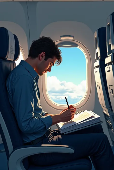 A person sitting in a aeroplane and making drawings 