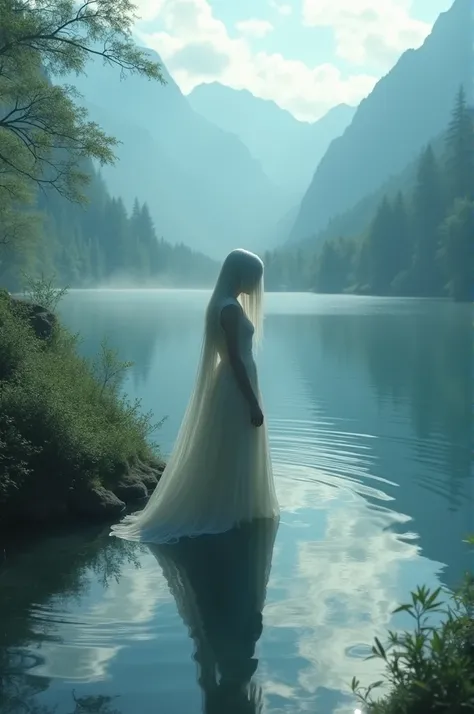 Sia and magical lake in beautiful area.