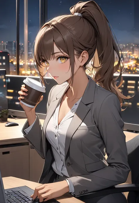 ((Best quality)), ((Masterpiece)), (details), Young woman, (Medium chest, Brown hair, Yellow eyes, ((Ponytail)) , Handsome face, (Tanned:1.3),Long eyelashes,Thick eyelashes), office、Gray blazer jacket、Gray straight-leg pants, BlackBlouse, Holding a coffee ...