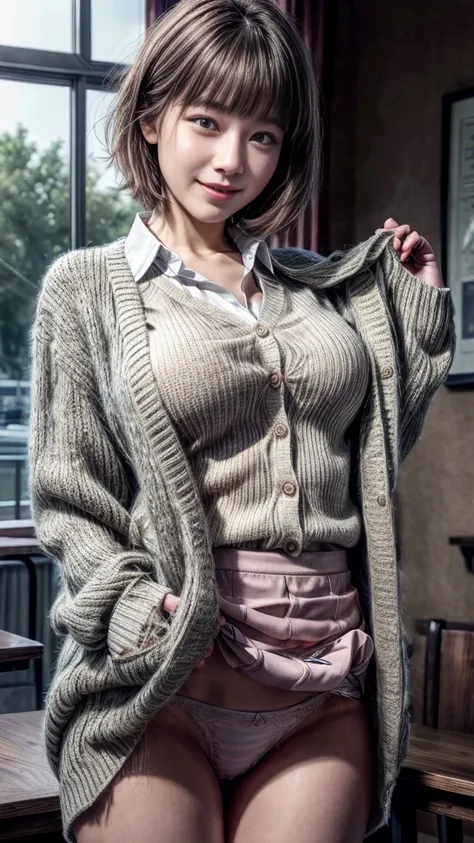 歩道に立っている明るい色のWoman wearing a cardigan,((20-year-old female))、Big Breasts、Hairstyle with bangs、(Short Hair)、Hairstyles of different lengths、(8k, RAW Photos, Best Quality, Tabletop: 1.2),、(Realistic, Realistic: 1.3), Cityscape, day, Sunny Morning, Profession...