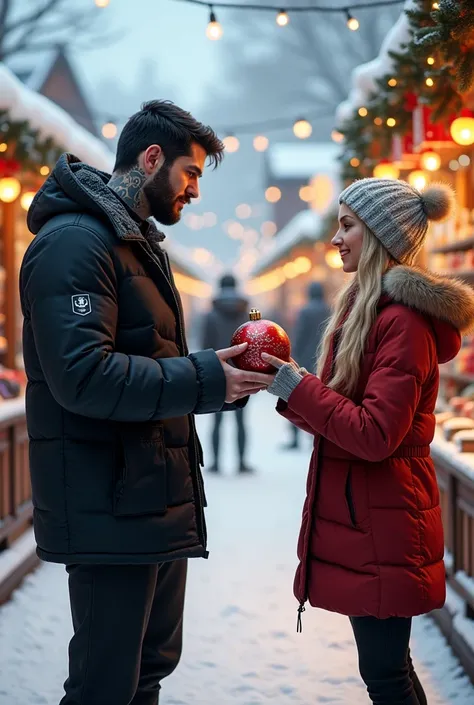 A large Christmas market in Norway. Everything is beautifully covered in snow and decorated for Christmas. A black-haired, broad man with a tattoo on his neck in black clothes hands a woman 22 years with long blonde hair a red Christmas bauble with a snowf...