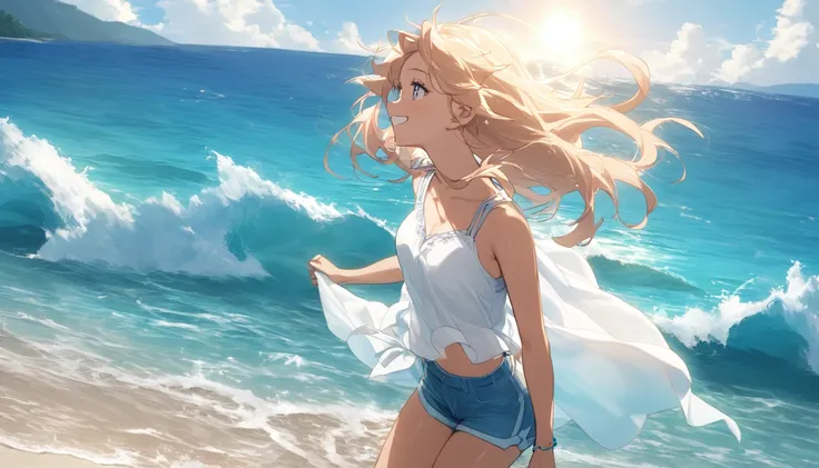 An anime-style summer beach scene under a blazing sun. The sun shines brightly in the clear blue sky, reflecting off the waves of the ocean. A high school girl, with slightly tanned skin from sun exposure, stands on the sandy beach, facing the sea. Her win...