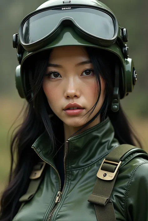 live-action、Real、Military Fritz type helmet with large ears to protect both cheeks、Moss green leather bodysuit、Moss Green Boots、Beautiful Swiss-Japanese woman