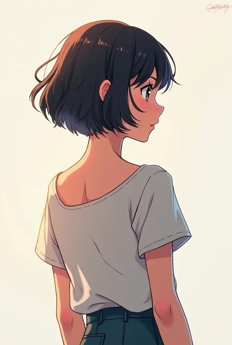 Anime Girl with short hair we facing her 
back not seeing face
