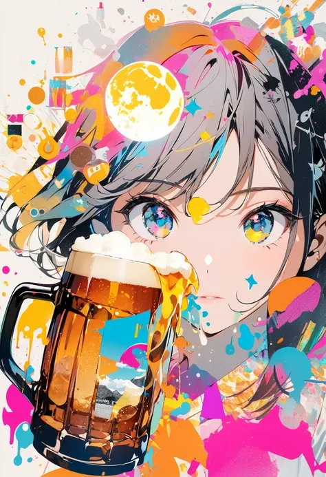 (masterpiece, best quality),(double exposure moon: 1.2),print collage depicting,(A tween girl,big beer mug),she is surrounded by alcohol symbols,splash color, collage art, contemporary art,