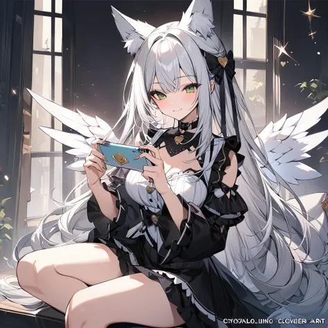 ,playing mobile game々）vtuber,  sexy smile beauty, clover shaped choker, (masterpiece, highest quality), official art, beautiful and aesthetic: 1.2), (1 girl), very detailed, (clover art: 1.3), green colorful、white long hair、fox ear、 whole body, angel wings...