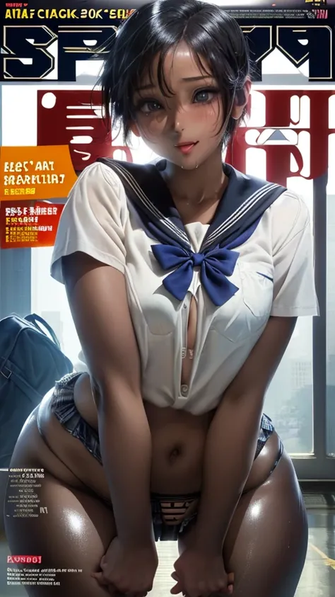 (Magazine Cover:1.8)、((((SFW:1.8))))、Stand and spread your legs、 pretty girl, Highest quality、超High resolution、High resolution、Extremely detailed CG、8k unit wallpaper、、Beautiful attention to detail、(((school uniform)))、(((Super shiny panties)))、((( Dark Sk...