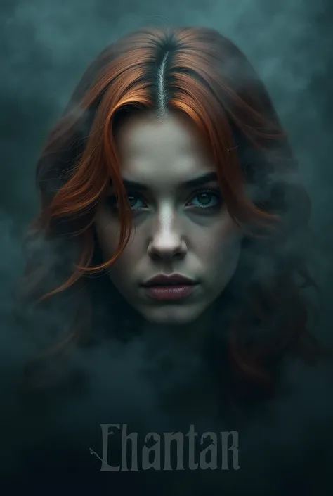 A woman with red and brown hair, the face hidden by the dark fog word "ANCHOR" written Dark background of the image