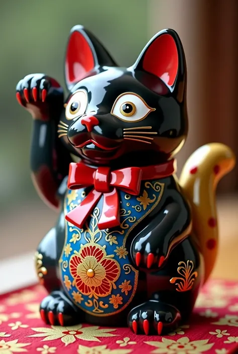 A Ghibli maneki-neko (beckoning cat) of Jiji with a red ribbon around its neck, made from Imari ware