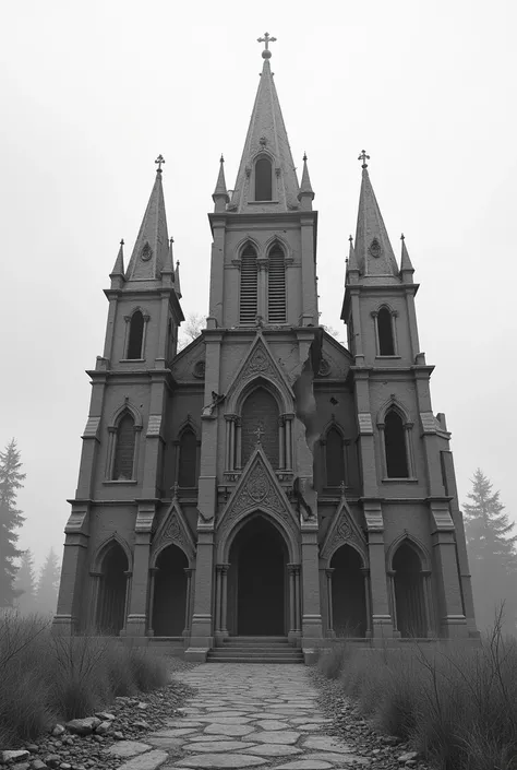 A Catholic church disintegrating as if it were crumbling to the sides and fragmenting in black and white