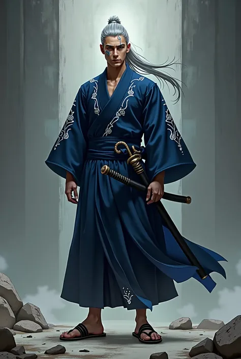 Physical Description Man, 1.85m, athletic body, long silver hair, hair tied in a high ponytail, blue eyes, deep and hypnotic look, Traditional Japanese navy blue kimono with silver details, wooden sandals, carries a katana with an ornate scabbard attached ...