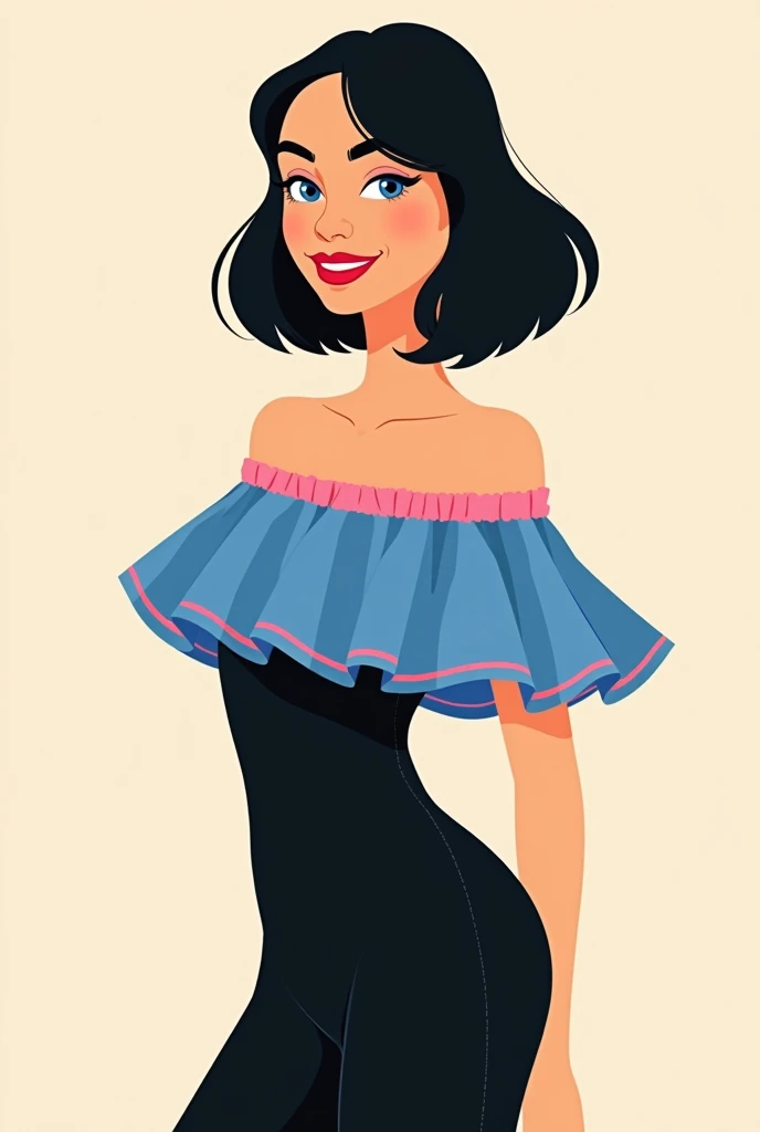 Vector illustration, girl, minimalist, flat color, A female as a Dancer, Medium Black Hair, Bob Cut, Blue Eyes, Red Lips, smile, wearing a stylish black jumpsuit. The jumpsuit features a blue off-the-shoulder ruffle at the top, which is accented with pink ...