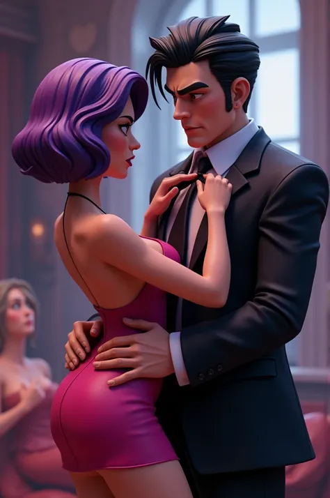 Create artwork featuring a woman with short, wavy purple hair, dressed in a pink racy dress. The woman is stern as she pulls the black tie of a handsome man. The man has a cold expression while staring at her while standing behind the woman. The man is hol...