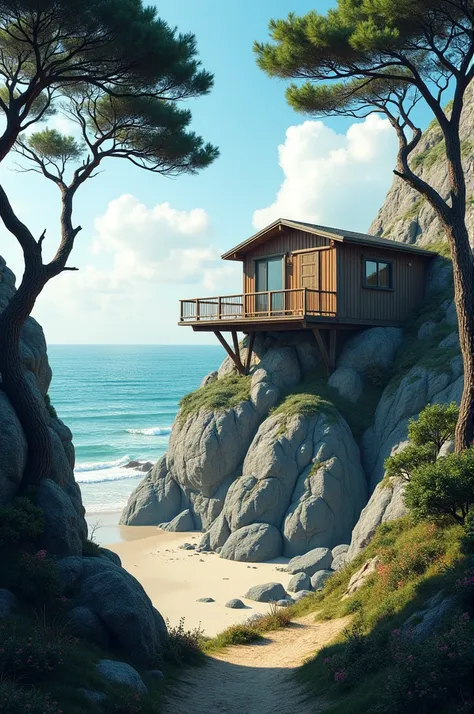 Low cost town house set up on rocks above narrow beach that is outline with bent pines