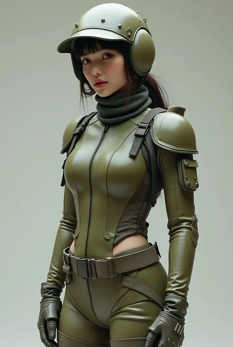 live-action、Real、Military Fritz type helmet with large ears to protect both cheeks、Moss green and sand grey leather bodysuit、Shoulder Armor、elbow、Knee Armor、Moss Green Boots、Beautiful Swiss-Japanese woman
