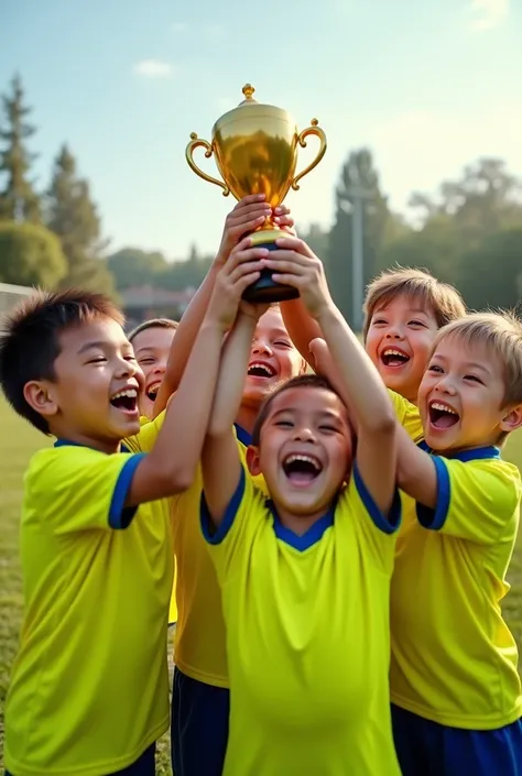 Fais moi une image avec des enfants qui lèvent un trophée tous ensemble. Ils ont tous un maillot jaune fluo, et ils sont tous heureux davoir gagné la compétition 