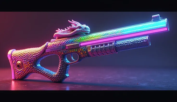 Rainbow Dragon Skin Weapon: Gun Color: The main color is bright, neon purple.
Along the barrel of the weapon there is a strip of neon in different colors, imitation rainbow.
The head of a dragon is depicted on or at the back of the barrel, done in the same...