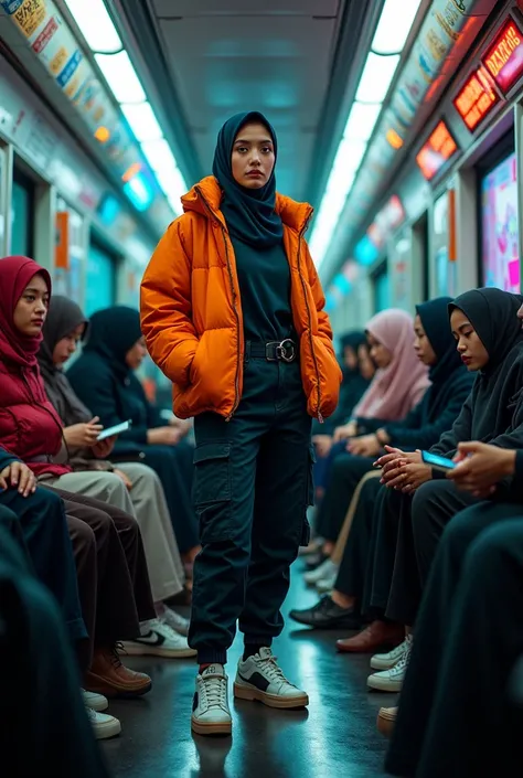 a group of women wearing hijabs are in the train carriage with their respective activities skypunk, a woman wearing a hijab, wearing a thick jacket with bright colors, cargo pants, sneakers, standing free pose in shinjuku, neon light effect, serious face, ...