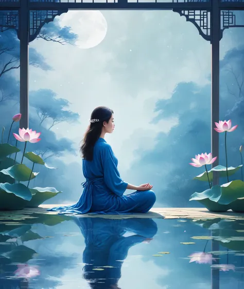 (High resolution,masterpiece:1.2),A simple journey,Girl in lotus position,Tranquil garden scenery,Soft moonlight,Zen-like atmosphere,[Pastel colors],[gentle,peaceful],Tiny lotus petals,Delicate brushwork,Sophisticated simplicity,Subtle texture,Meditative E...