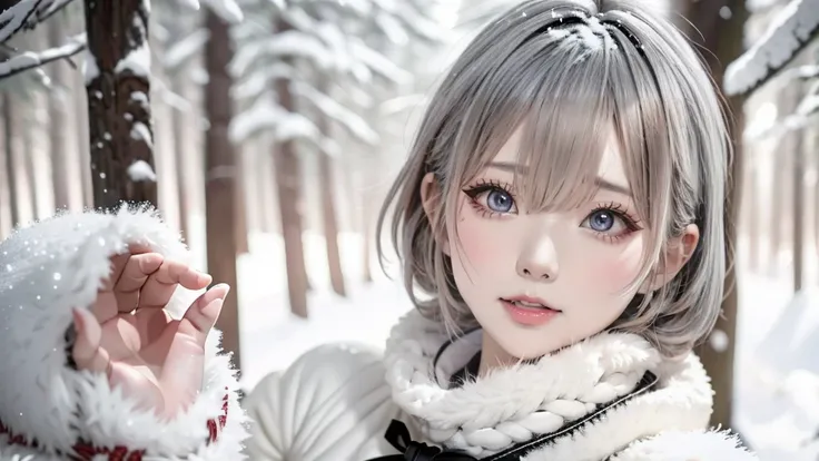 in the snowy forest, japanese girl, knit sweater, snowing,pupils sparkling, silver short hair, realistic Portrait, depth of field, f/1.8, anatomically correct, textured skin, super detail, high details, high quality, super detail, high details, high qualit...