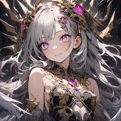 Absurd,anime,Seven-colored eyes,Jewel-like eyes,(art),(artistic clothing:1.5),angel,gray hair,smile,(a girl:1.5),from the waist up,(small breasts:1.2),(small chest:1.2),mysterious,fallen Angel,Hello,(Large detailed hair ornament:1.2),(look away:1.5),detail...