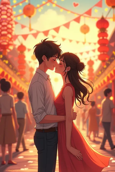 Scene: Create an anime style picture of me and my girlfriend kissing. Behind us will be a bright and colorful backdrop of the Bihu Festival. Bihus traditional ingredients such as polo, bihu no