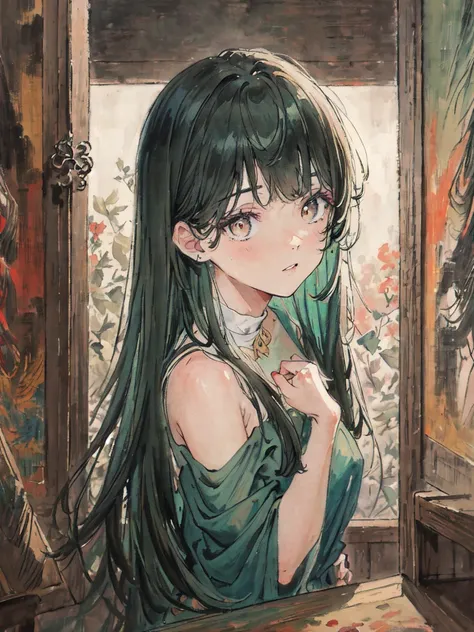 masterpiece, best quality, an extremely delicate and beautiful girl,an extremely delicate and beautiful, world masterpiece theater, ultra-detailed, highly detailed, best quality, Dark green hair, highres, extremely detailed, 1 girl, best quality, illustrat...