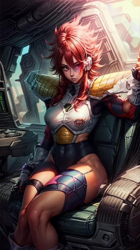 A red head girl with green eyes, spikey hair , raising right eyebrow, eyeliner, beautiful eyebrows, lip filler, eyelashes, tinted eyewear, saiyan Scouter, saiyan armor, muscular body, frieza spaceship, full body shot, crop top, sitting on chair, hand on fa...