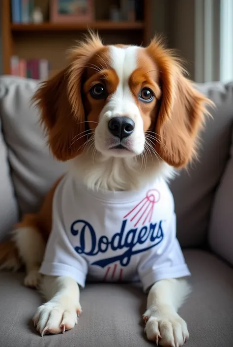 Kooikerhondje dog　He&#39;s sitting on the couch wearing a T-shirt that says Dodgers.