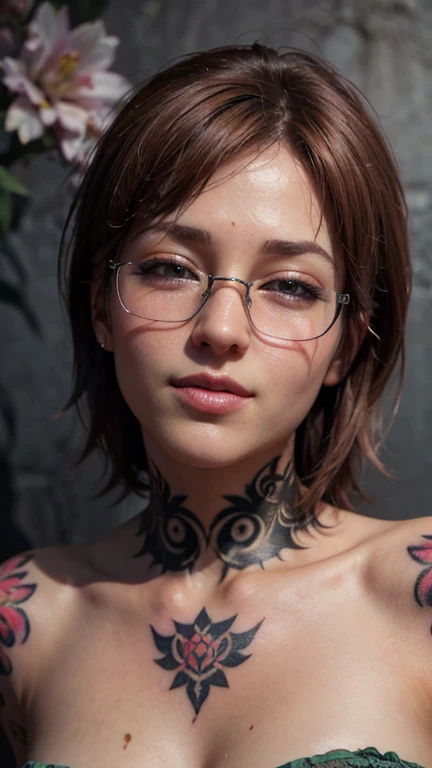 portrait, close-up, upper body. Short, red hair, green eyes, glasses with metal frames, green bra, cheerful smile, girl . (masterpiece, top quality, Best quality, official art, beautiful and aesthetically pleasing:1.2), extremely detailed,(fractal art:1.2)...