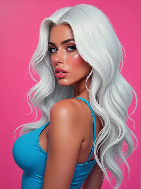 Oil paint.brushes strokes. SYNTHWAVE STYLE DESIGN VIBRANT COLORS. Big boob , round breast, woman.age 23. with long white  hair. Full lips.Solid color background.