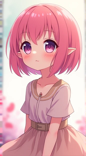 One girl, solo, Shortcuts, Pink Hair, Ahoge, Sideburns, Shiny Hair, Long pointed ears, flat chest,flat breasts,large hips,nude,Purple eyes, Blushing, smile, Pink eyes, look up, anime, anime風, Japanese illustration style, 