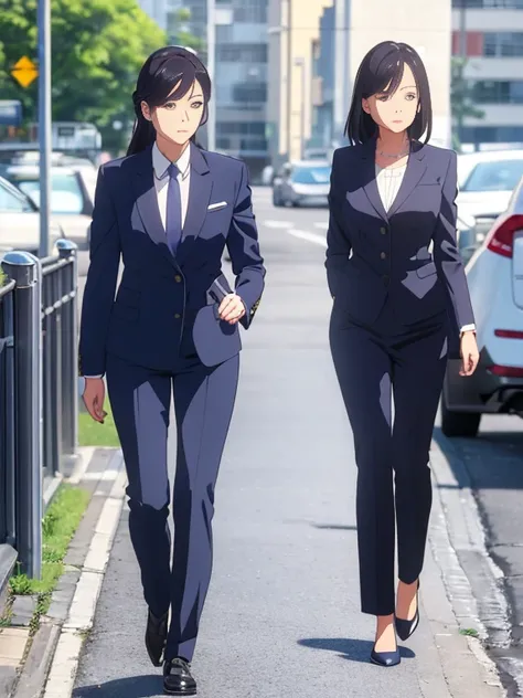 A career woman wearing a navy blue suit、Female, 2、One person、She is wearing a navy blue tight skirt under her suit.、