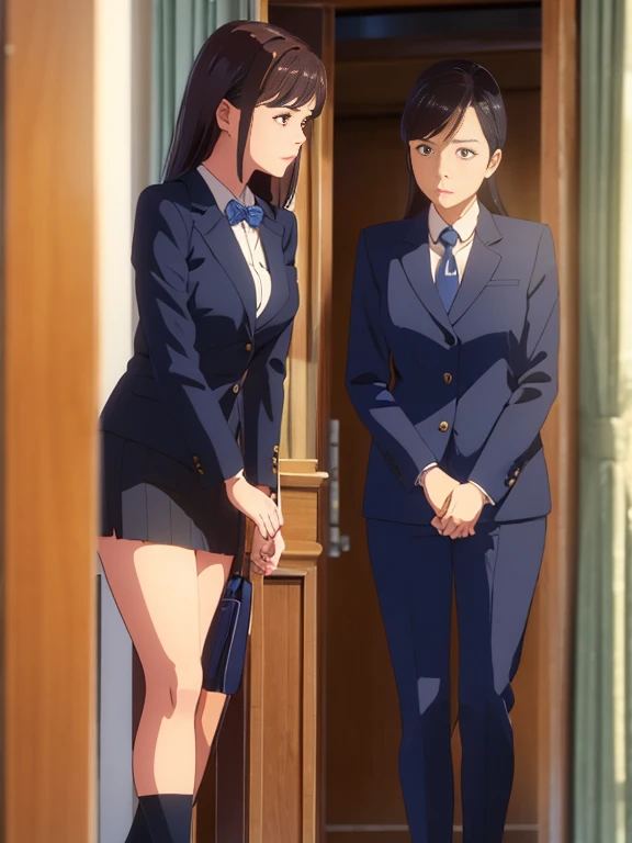 a career woman wearing a navy blue suit、female, 2、one person、she is wearing a navy blue tight skirt under her suit.、