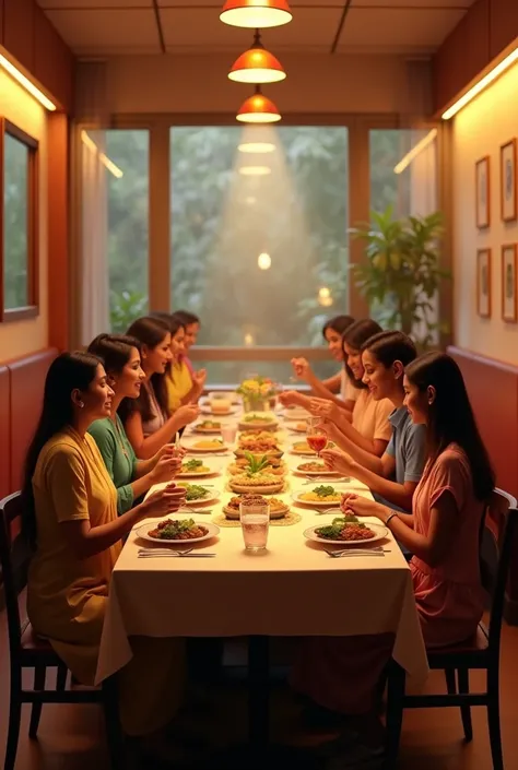 generate an image of a dining table at a middle class restaurant, a group of 9 people sitting on it (2 are adult male, around 3, 2 are adult females, around 3, 2 are 2 females, 1 is a  boy and 1 is a  girl) all are sitting on the chairs around the table, t...