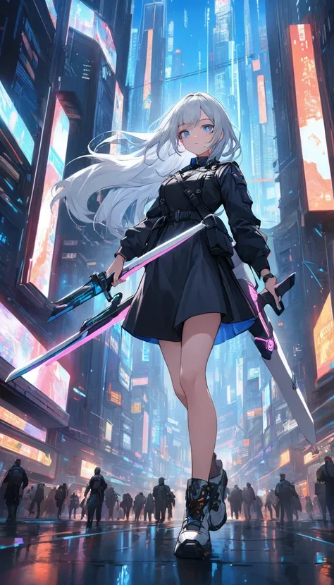 "High quality, Detailed drawing of a girl with long silver hair and a black dress., Reminiscent of military uniforms, I have a white shirt., Black jacket, And emphasize the blue color, Carrying a short weapon.Holding a long sword . She looked resolute with...