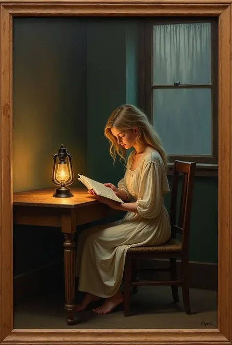 Oil painting an old wooden table with a chair and a small antique oil lamp on the table and a beautiful blonde girl identical to Dakota Fanning sitting on a chair reading a book at night the painting with a wooden frame 